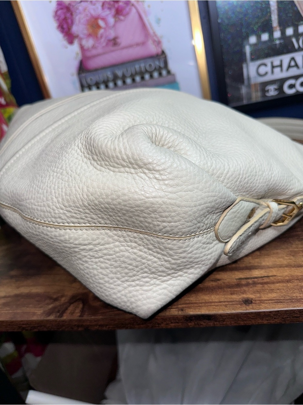 Vintage White Pebbled Leather MCM Hobo Shoulder Bag Gold Hardware - Picture 11 of 16